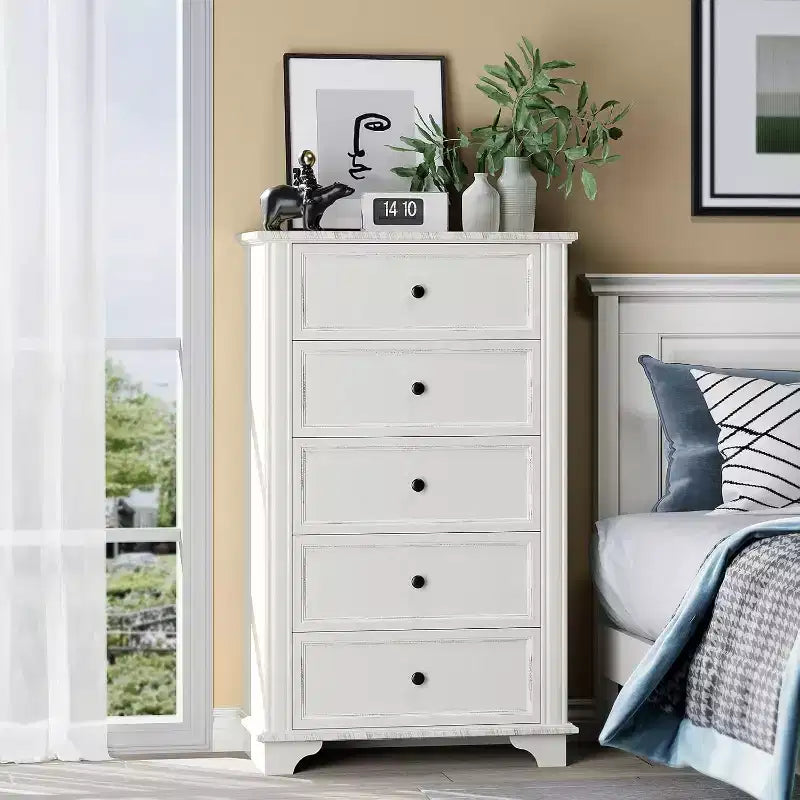 Commode haute VINGLI avec 5 tiroirs, commode en bois blanc pour chambre à coucher