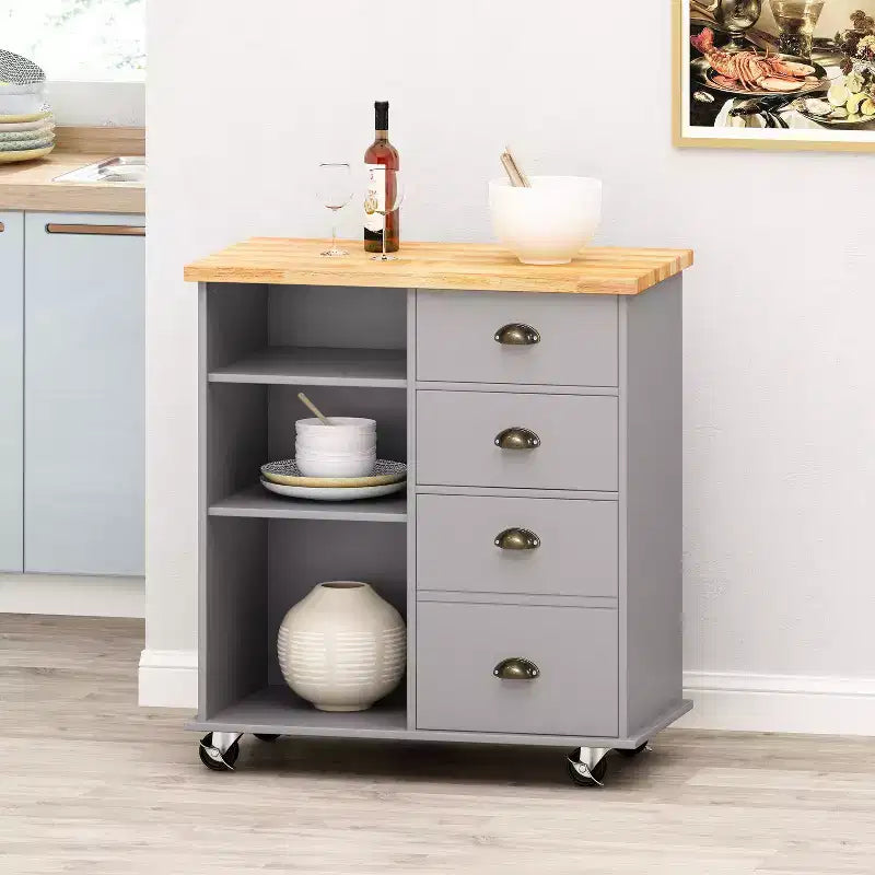 Desserte de cuisine moderne Okak avec plan de travail en bois massif, porte-serviettes et roulettes, meuble de rangement mobile pour cuisine, salle à manger