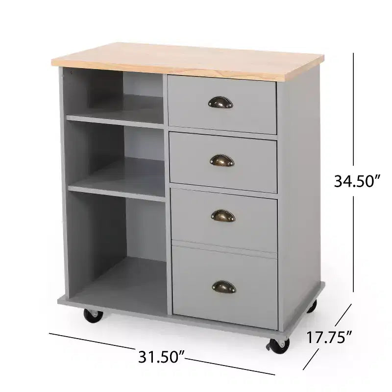 Desserte de cuisine moderne Okak avec plan de travail en bois massif, porte-serviettes et roulettes, meuble de rangement mobile pour cuisine, salle à manger