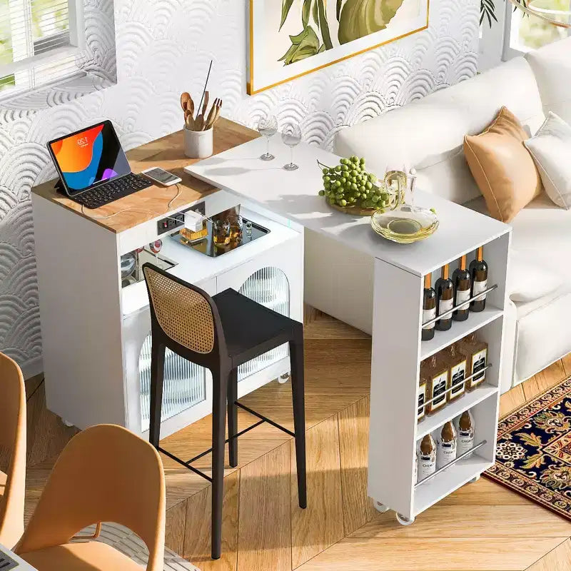 JVNOXK - Îlot de cuisine roulant extensible avec éclairage LED, prises de courant et panneaux en verre dépoli à double porte, blanc