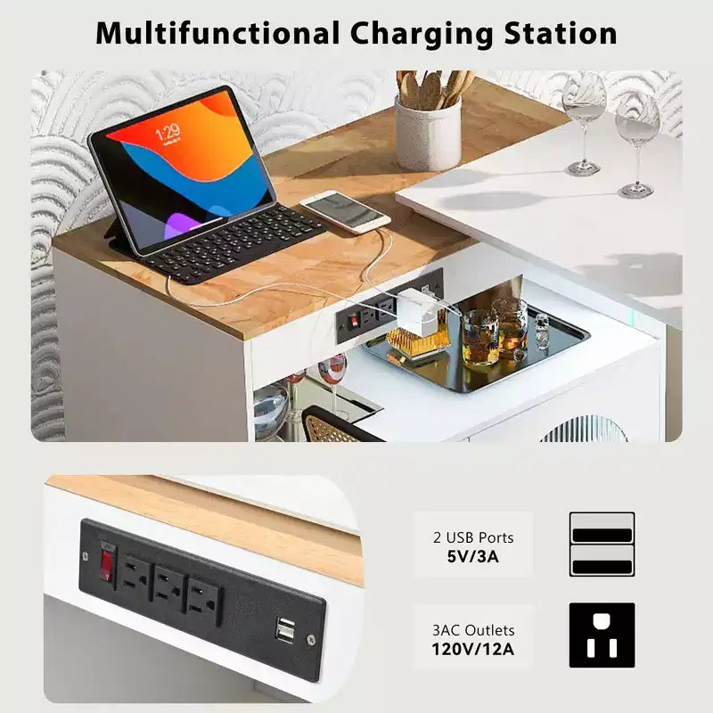 JVNOXK - Îlot de cuisine roulant extensible avec éclairage LED, prises de courant et panneaux en verre dépoli à double porte, blanc