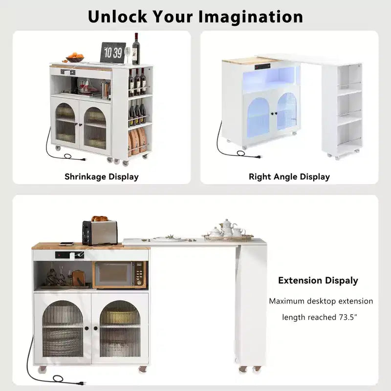 JVNOXK - Îlot de cuisine roulant extensible avec éclairage LED, prises de courant et panneaux en verre dépoli à double porte, blanc