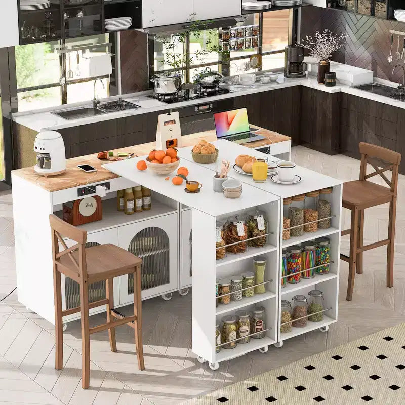 JVNOXK - Îlot de cuisine roulant extensible avec éclairage LED, prises de courant et panneaux en verre dépoli à double porte, blanc