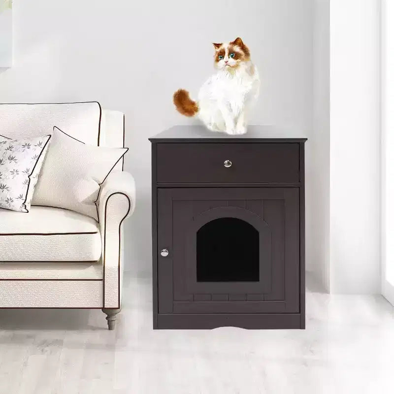 Meuble de litière pour chat avec tiroirs, meuble cache-litière, station de toilettage en bois pour chats pour chambres et salons