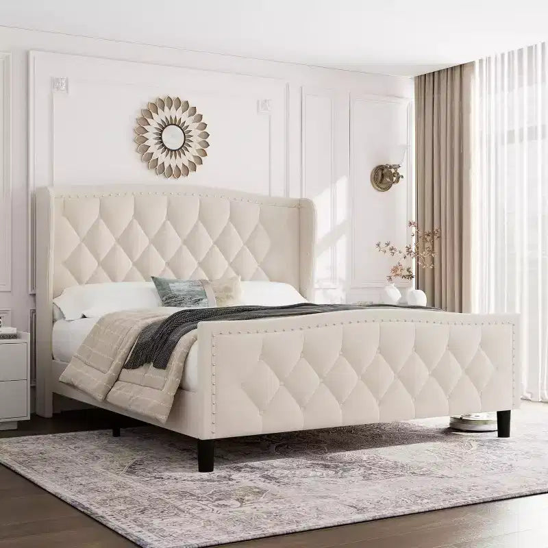 Queen-size bed frame, velvet upholstered bed, with winged headboard, slatted wooden support, no spring mattress required, easy to assemble.