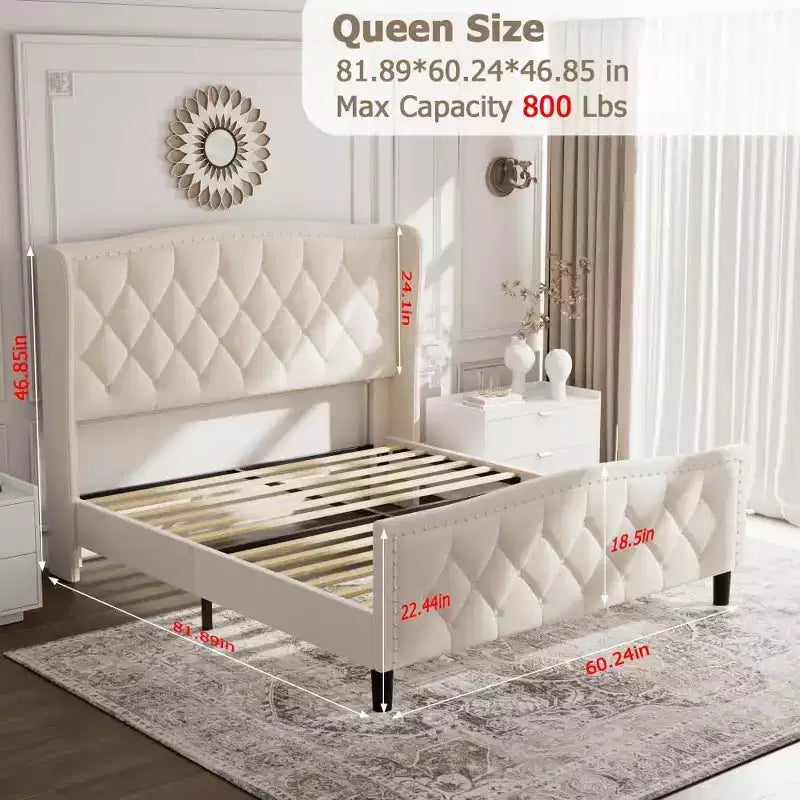 Cadre de lit queen-size, lit rembourré en velours, avec tête de lit ailée, support en lattes de bois, pas besoin de sommier tapissier, facile à assembler.
