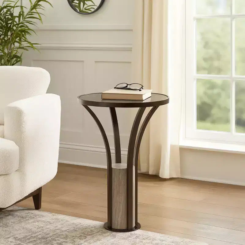 Home Decor End Table, Side Table, or Night Stand - Sleek Marble Top with Cylindrical Stone Pedestal for Big or Small Spaces - 24 Bronze & Copper