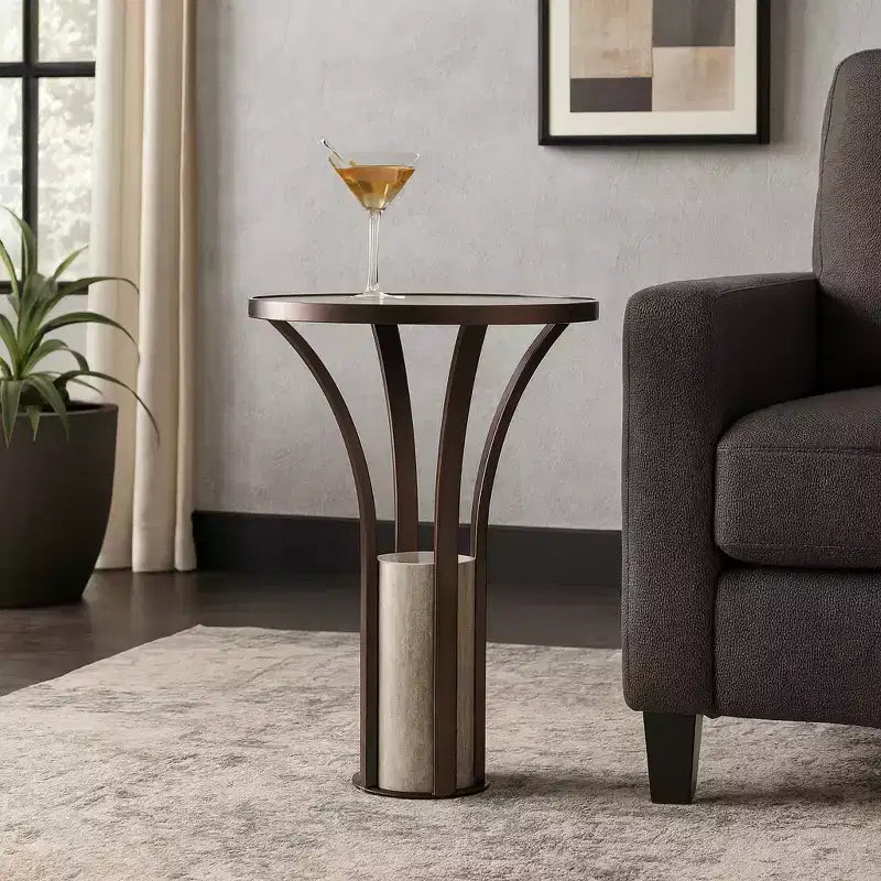 Table d'appoint, guéridon ou table de chevet pour la maison – Plateau élégant en marbre avec piédestal cylindrique en pierre pour grands ou petits espaces – Bronze et cuivre 24