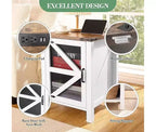 Table d'appoint rustique blanche de style ferme avec porte de grange, table en bois peu encombrante avec station de charge et rangement pour chambre et salon