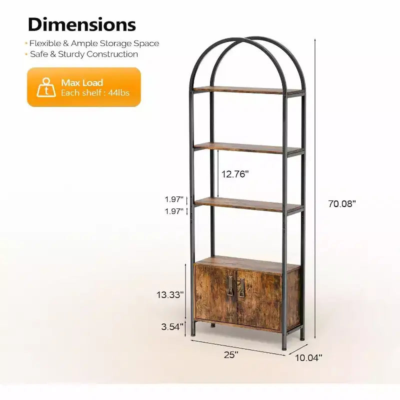 VINGLI Vitrine voûtée, Bibliothèque avec portes de rangement, Étagère à 5 niveaux, Élégante pour salon, salle à manger, bureau, salle d'étude, Marron rustique