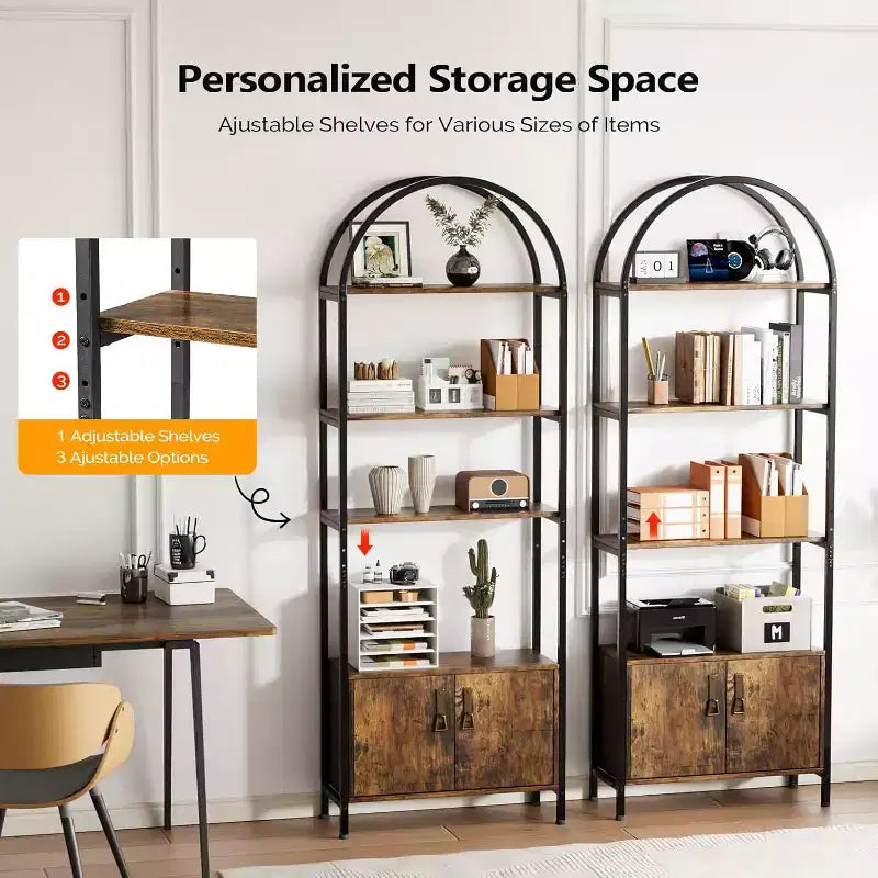 VINGLI Vitrine voûtée, Bibliothèque avec portes de rangement, Étagère à 5 niveaux, Élégante pour salon, salle à manger, bureau, salle d'étude, Marron rustique