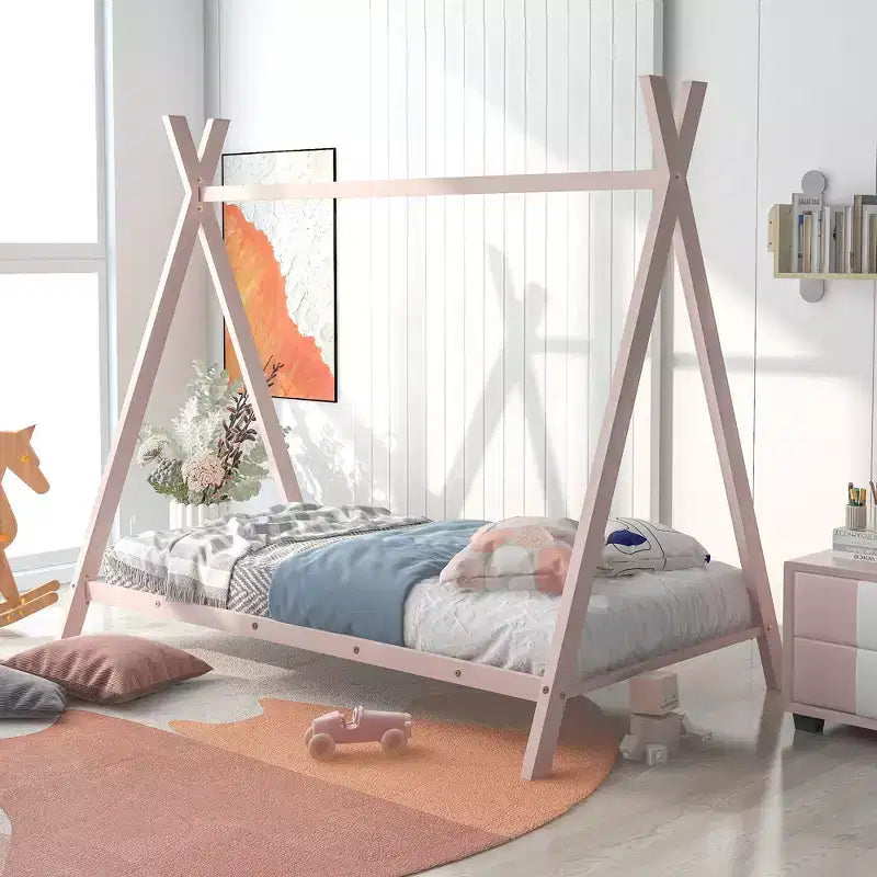 Lit cabane simple, cadre de lit en métal avec tente, lit cabane au sol avec lattes pour enfants, filles, garçons, aucun sommier tapissier requis