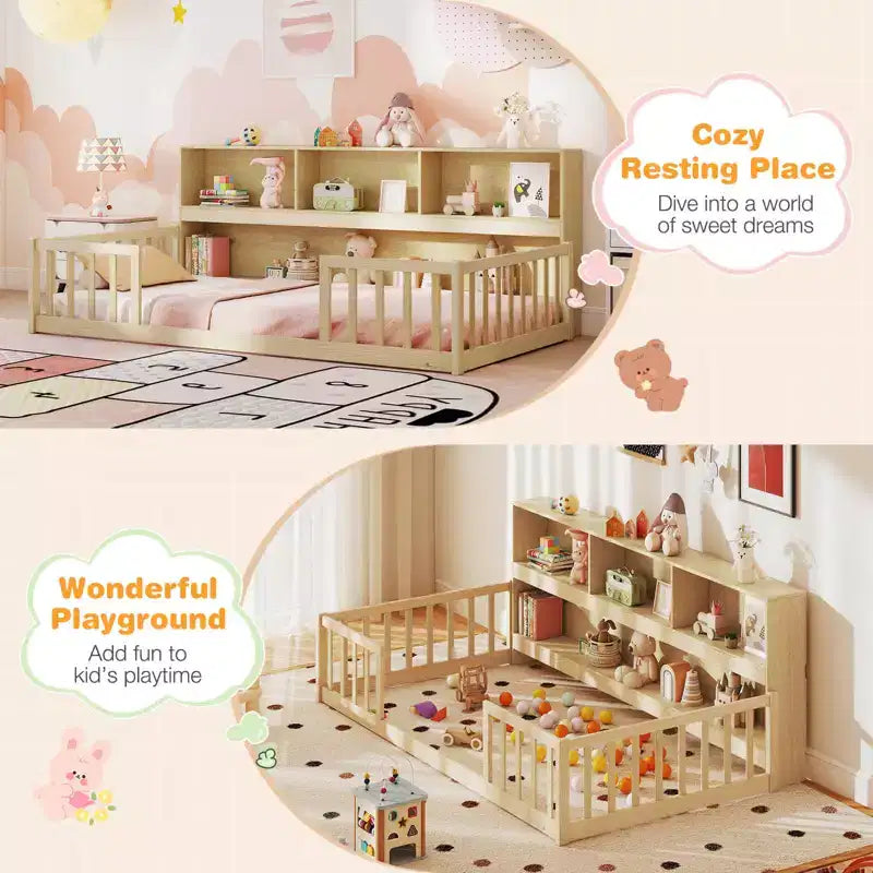Lit au sol Montessori une place Costway avec étagères de rangement et barrières de sécurité Rose/Naturel/Blanc/Gris
