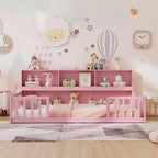 Lit au sol Montessori une place Costway avec étagères de rangement et barrières de sécurité Rose/Naturel/Blanc/Gris
