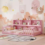 Lit au sol Montessori une place Costway avec étagères de rangement et barrières de sécurité Rose/Naturel/Blanc/Gris