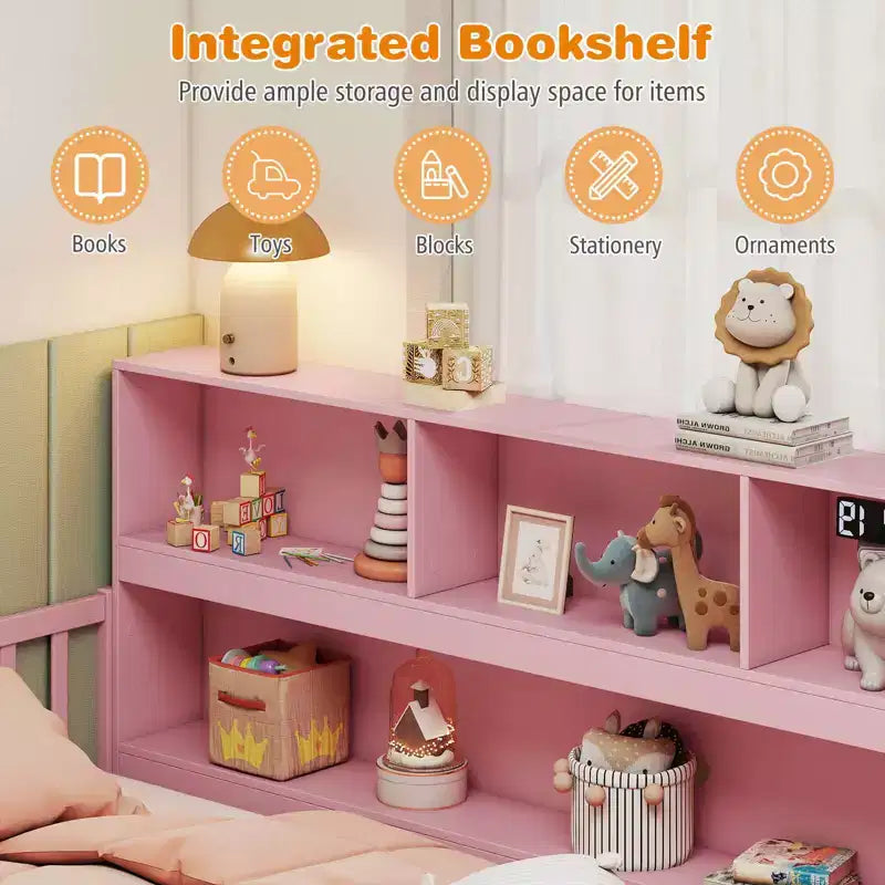Lit au sol Montessori une place Costway avec étagères de rangement et barrières de sécurité Rose/Naturel/Blanc/Gris