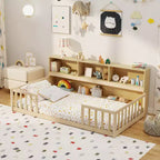 Lit au sol Montessori une place Costway avec étagères de rangement et barrières de sécurité Rose/Naturel/Blanc/Gris