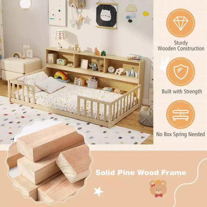Lit au sol Montessori une place Costway avec étagères de rangement et barrières de sécurité Rose/Naturel/Blanc/Gris