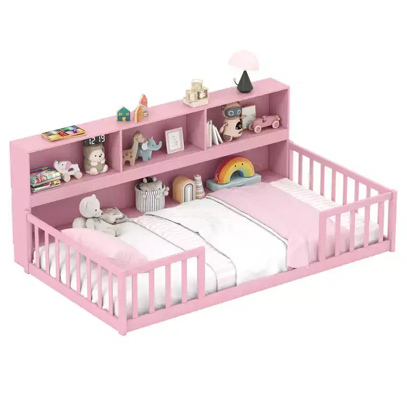 Lit au sol Montessori une place Costway avec étagères de rangement et barrières de sécurité Rose/Naturel/Blanc/Gris