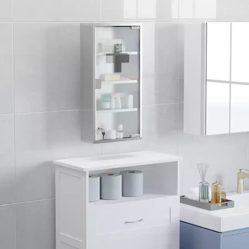Meuble haut 4 niveaux avec porte vitrée verrouillable et cadre en acier inoxydable, inclut 2 clés, idéal pour la maison, l'appartement, la salle de bain