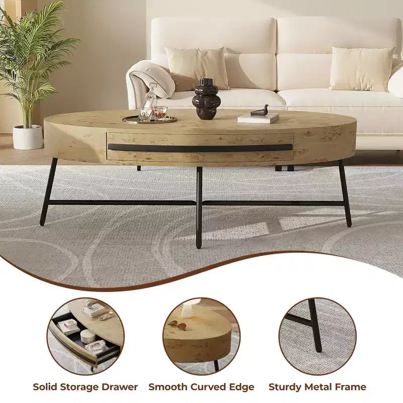 Table basse ovale de style Mid-Century Modern - 120 cm, table de rangement en bois avec tiroir, design incurvé unique et pieds en métal croisés pour salon
