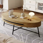 Table basse ovale de style Mid-Century Modern - 120 cm, table de rangement en bois avec tiroir, design incurvé unique et pieds en métal croisés pour salon
