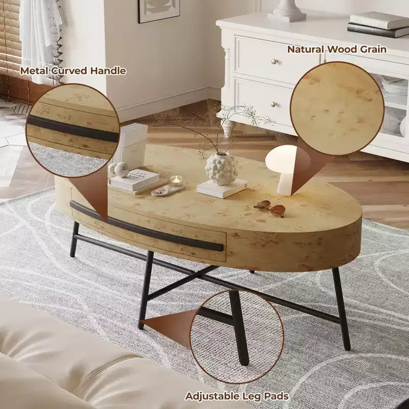 Table basse ovale de style Mid-Century Modern - 120 cm, table de rangement en bois avec tiroir, design incurvé unique et pieds en métal croisés pour salon