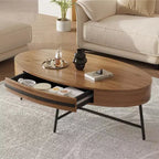 Table basse ovale de style Mid-Century Modern - 120 cm, table de rangement en bois avec tiroir, design incurvé unique et pieds en métal croisés pour salon