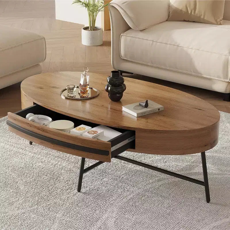 Table basse ovale de style Mid-Century Modern - 120 cm, table de rangement en bois avec tiroir, design incurvé unique et pieds en métal croisés pour salon