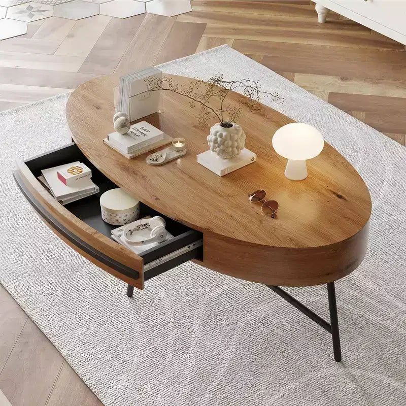Table basse ovale de style Mid-Century Modern - 120 cm, table de rangement en bois avec tiroir, design incurvé unique et pieds en métal croisés pour salon
