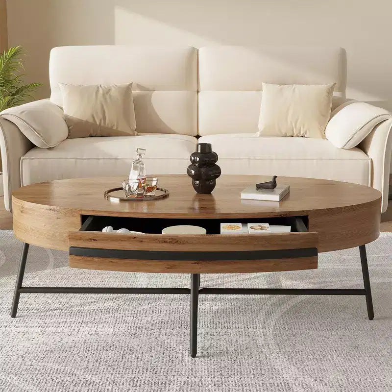 Table basse ovale de style Mid-Century Modern - 120 cm, table de rangement en bois avec tiroir, design incurvé unique et pieds en métal croisés pour salon