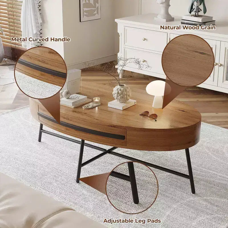 Table basse ovale de style Mid-Century Modern - 120 cm, table de rangement en bois avec tiroir, design incurvé unique et pieds en métal croisés pour salon