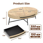 Table basse ovale de style Mid-Century Modern - 120 cm, table de rangement en bois avec tiroir, design incurvé unique et pieds en métal croisés pour salon