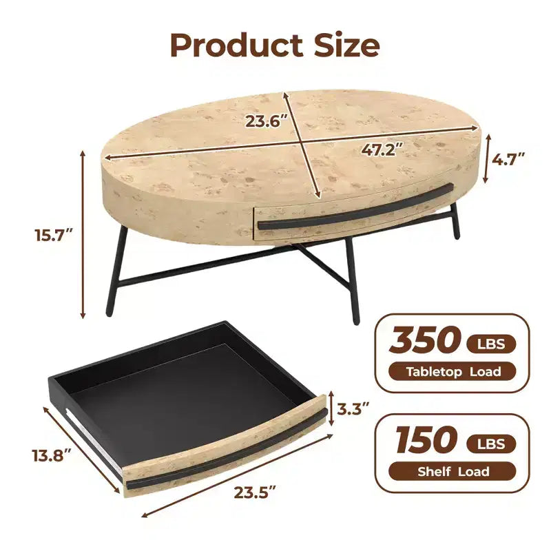 Table basse ovale de style Mid-Century Modern - 120 cm, table de rangement en bois avec tiroir, design incurvé unique et pieds en métal croisés pour salon