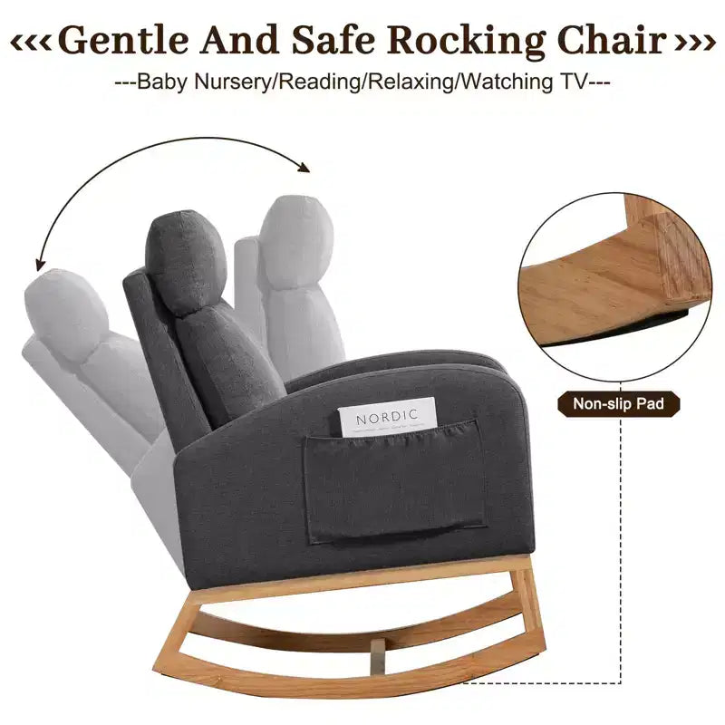 Fauteuil à bascule pour chambre d'enfant, Fauteuil à bascule rembourré pour chambre d'enfant avec pieds en bois d'hévéa, dossier haut confortable, poches latérales, fauteuil