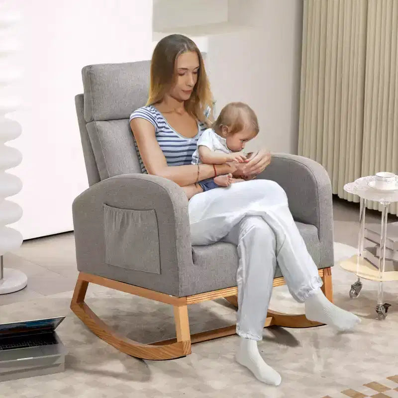 Fauteuil à bascule pour chambre d'enfant, Fauteuil à bascule rembourré pour chambre d'enfant avec pieds en bois d'hévéa, dossier haut confortable, poches latérales, fauteuil