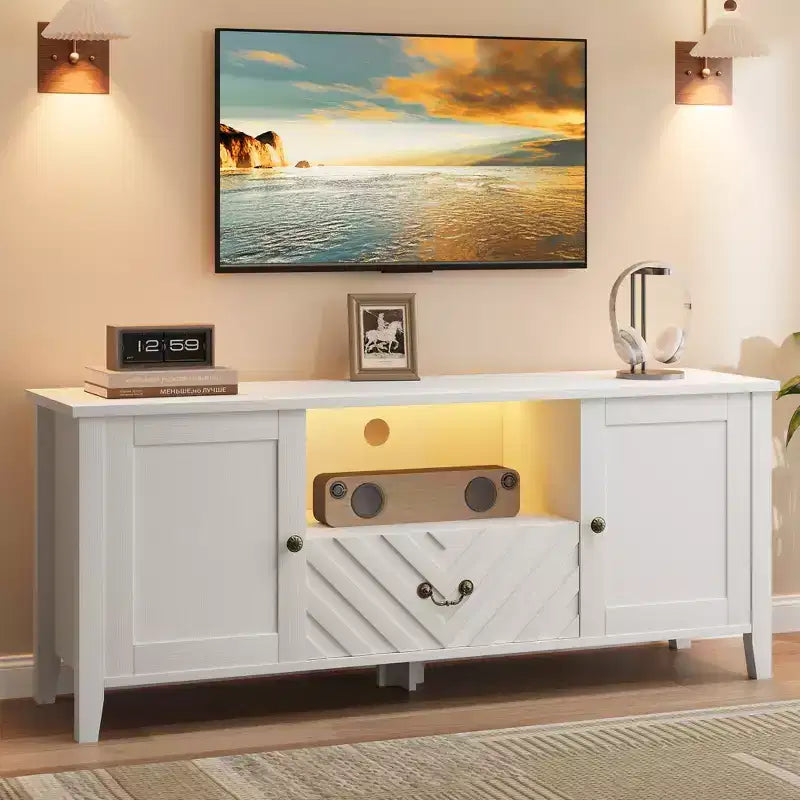 Meuble TV COZONY avec lumières LED, Table console TV rétro avec 2 compartiments de rangement et 1 tiroir, Meuble de divertissement pour salon