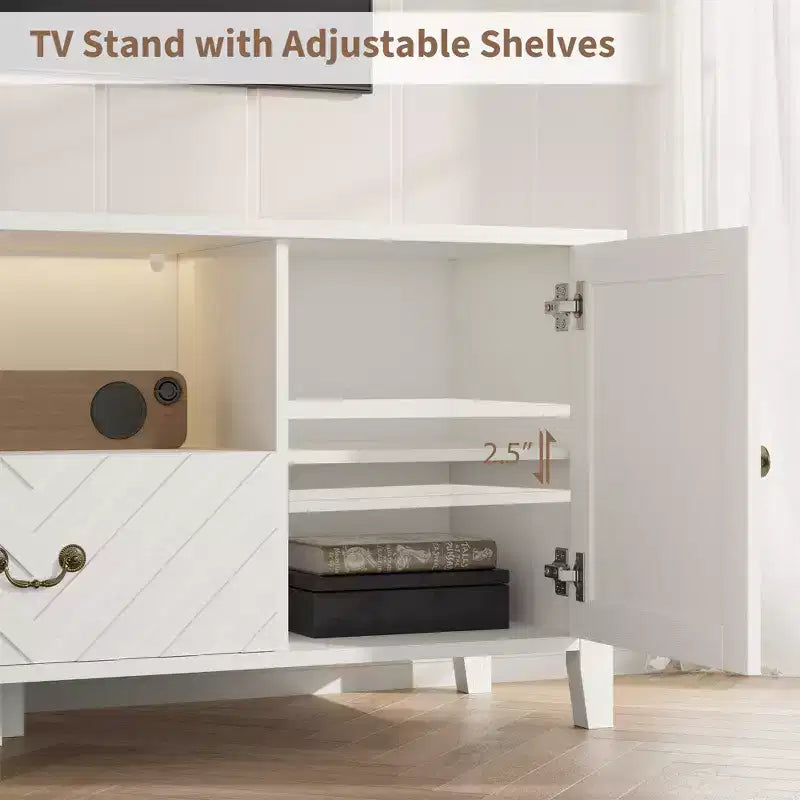Meuble TV COZONY avec lumières LED, Table console TV rétro avec 2 compartiments de rangement et 1 tiroir, Meuble de divertissement pour salon