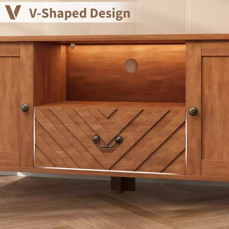 Meuble TV COZONY avec lumières LED, Table console TV rétro avec 2 compartiments de rangement et 1 tiroir, Meuble de divertissement pour salon