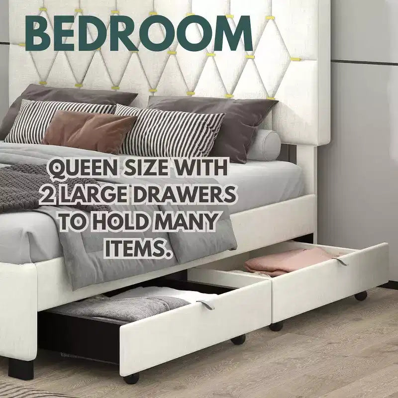 Lit queen Bellemave moderne en velours avec lit gigogne double et 2 tiroirs de rangement, beige