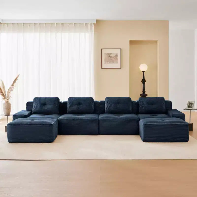 153 Canapé sectionnel modulaire moderne en U pour salon, tissu velours côtelé, canapé 4 places avec assise profonde et 2 poufs mobiles, couleur camel