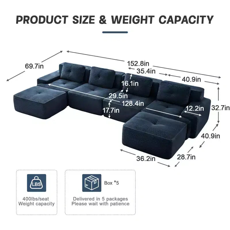 153 Canapé sectionnel modulaire moderne en U pour salon, tissu velours côtelé, canapé 4 places avec assise profonde et 2 poufs mobiles, couleur camel