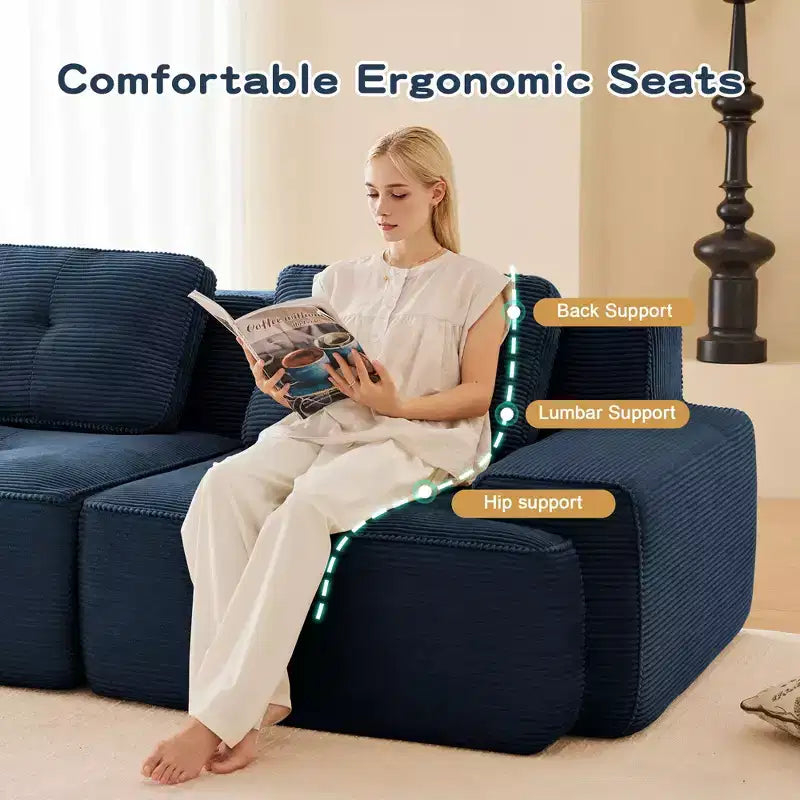 153 Canapé sectionnel modulaire moderne en U pour salon, tissu velours côtelé, canapé 4 places avec assise profonde et 2 poufs mobiles, couleur camel