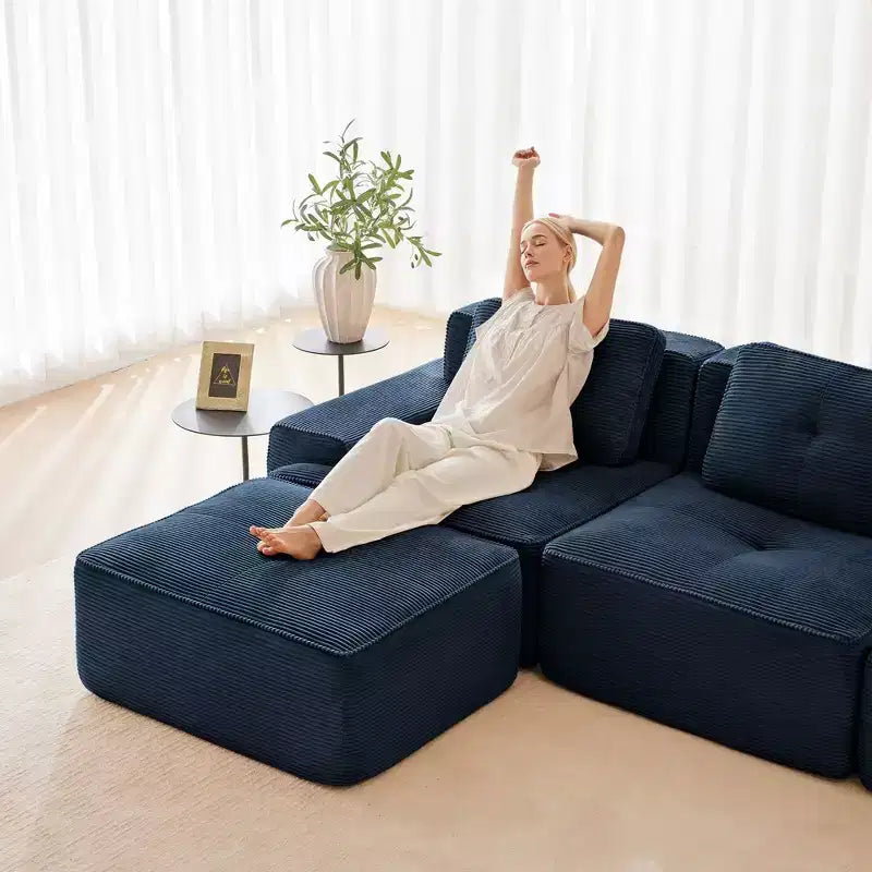 153 Canapé sectionnel modulaire moderne en U pour salon, tissu velours côtelé, canapé 4 places avec assise profonde et 2 poufs mobiles, couleur camel