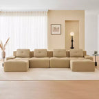 153 Canapé sectionnel modulaire moderne en U pour salon, tissu velours côtelé, canapé 4 places avec assise profonde et 2 poufs mobiles, couleur camel