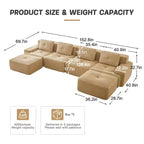 153 Canapé sectionnel modulaire moderne en U pour salon, tissu velours côtelé, canapé 4 places avec assise profonde et 2 poufs mobiles, couleur camel