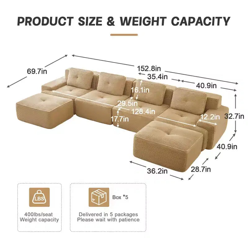 153 Canapé sectionnel modulaire moderne en U pour salon, tissu velours côtelé, canapé 4 places avec assise profonde et 2 poufs mobiles, couleur camel