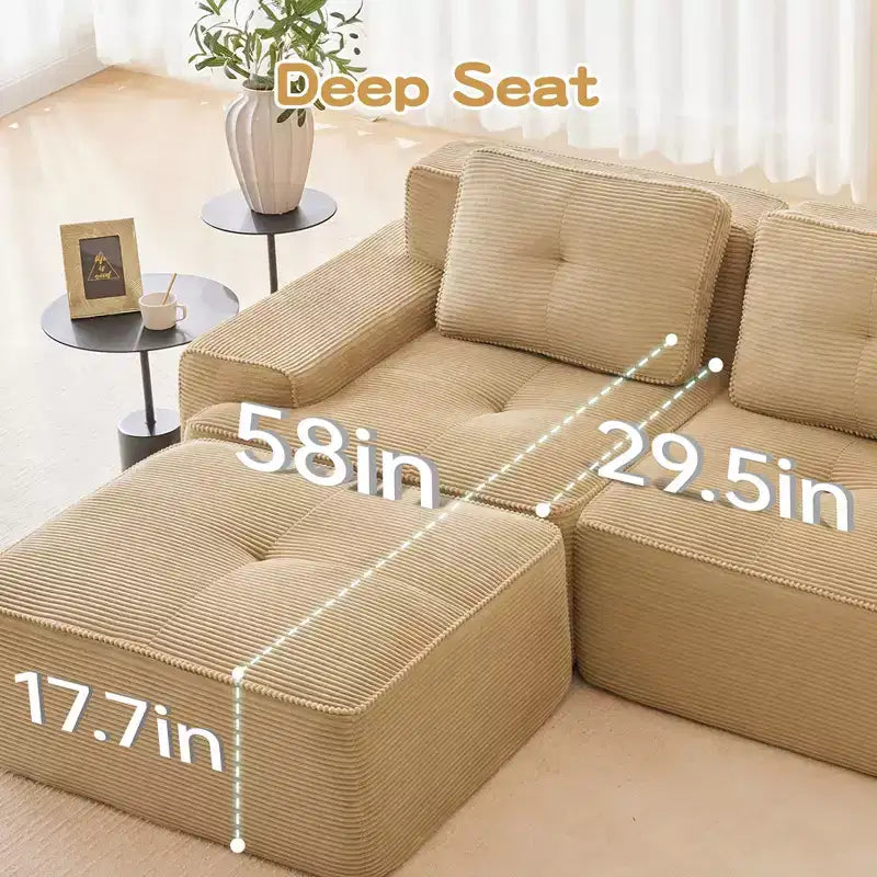 153 Canapé sectionnel modulaire moderne en U pour salon, tissu velours côtelé, canapé 4 places avec assise profonde et 2 poufs mobiles, couleur camel