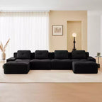 153 Canapé sectionnel modulaire moderne en U pour salon, tissu velours côtelé, canapé 4 places avec assise profonde et 2 poufs mobiles, couleur camel