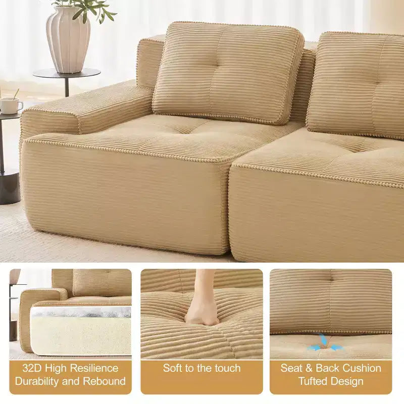 153 Canapé sectionnel modulaire moderne en U pour salon, tissu velours côtelé, canapé 4 places avec assise profonde et 2 poufs mobiles, couleur camel